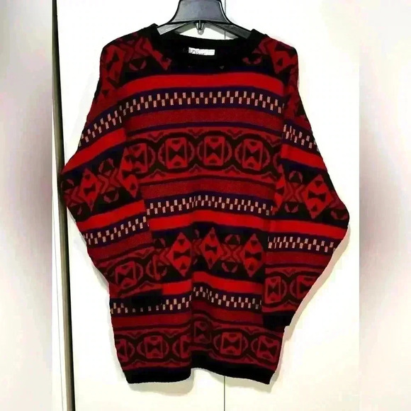 Vintage Diana Marco 90s Red Green Knit Tunic Holiday Long Sleeve Sweater Large - Picture 1 of 12
